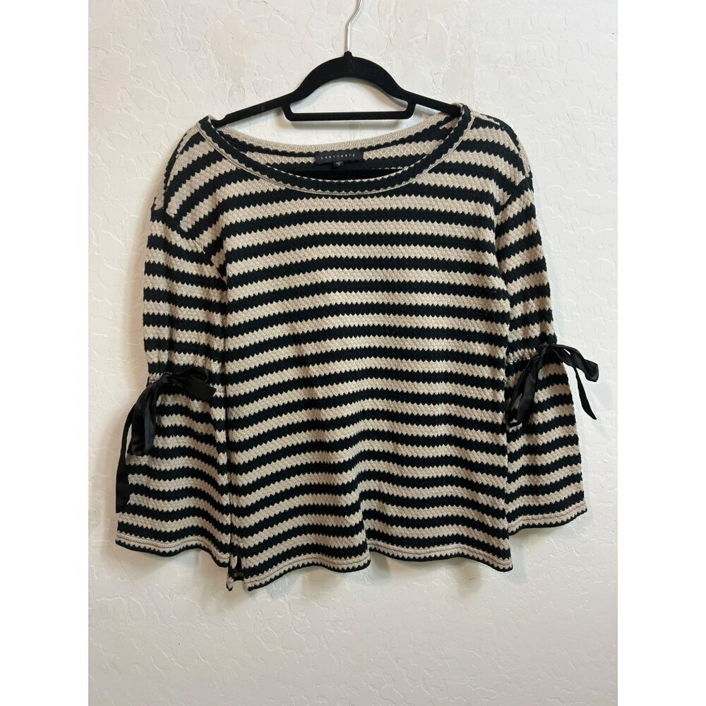 Sanctuary Sz Small Elbow Tie Detail Beige Black Striped 3/4 Length Bell Sleeves